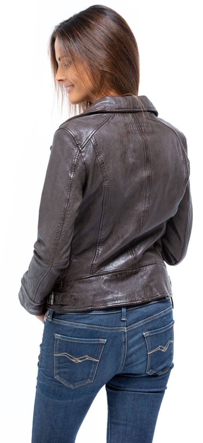 Blouson cuir femme oakwood 62065 agneau choco style perfecto mannequin (2)