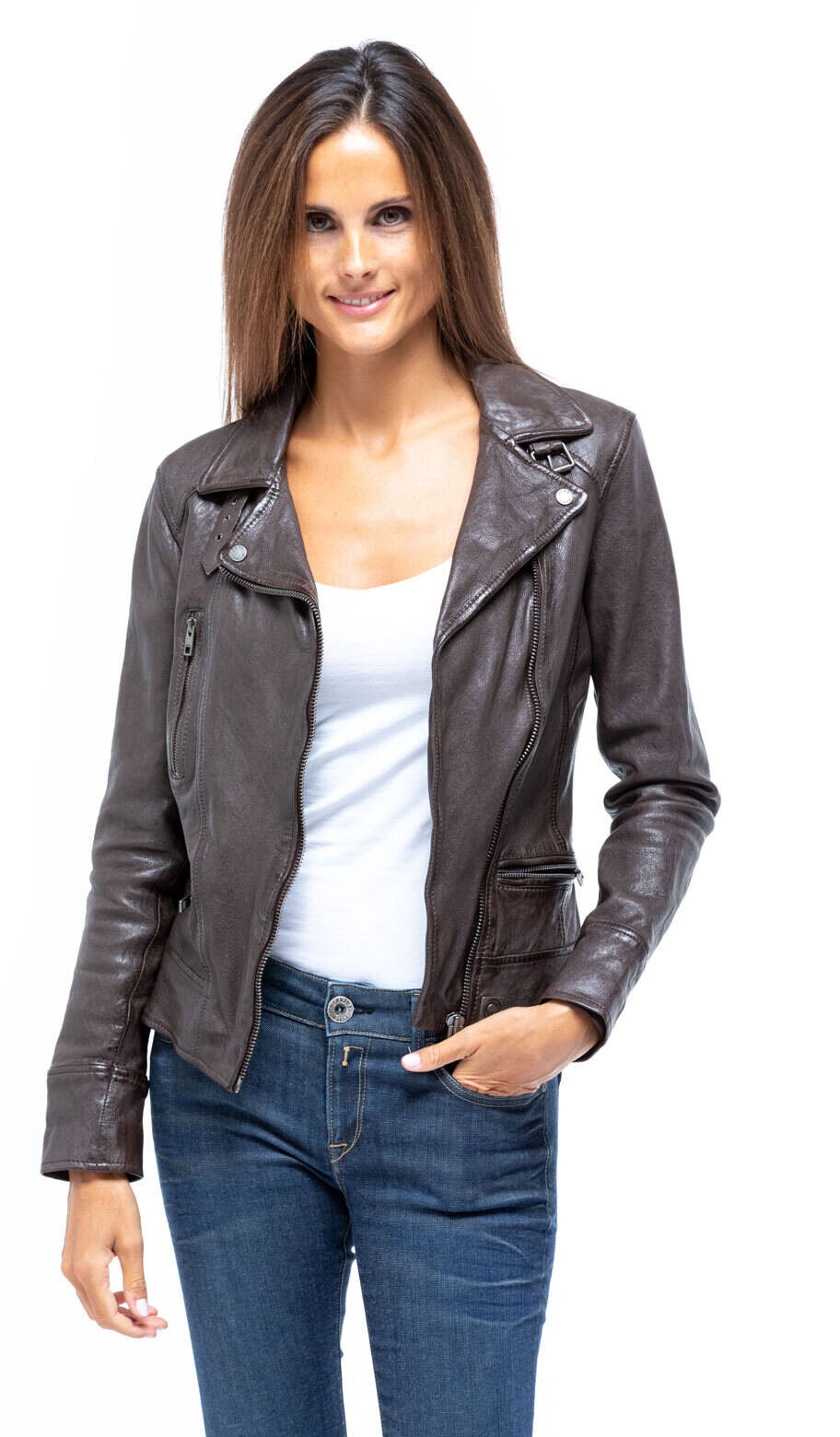 Blouson cuir femme oakwood 62065 agneau choco style perfecto mannequin (6)