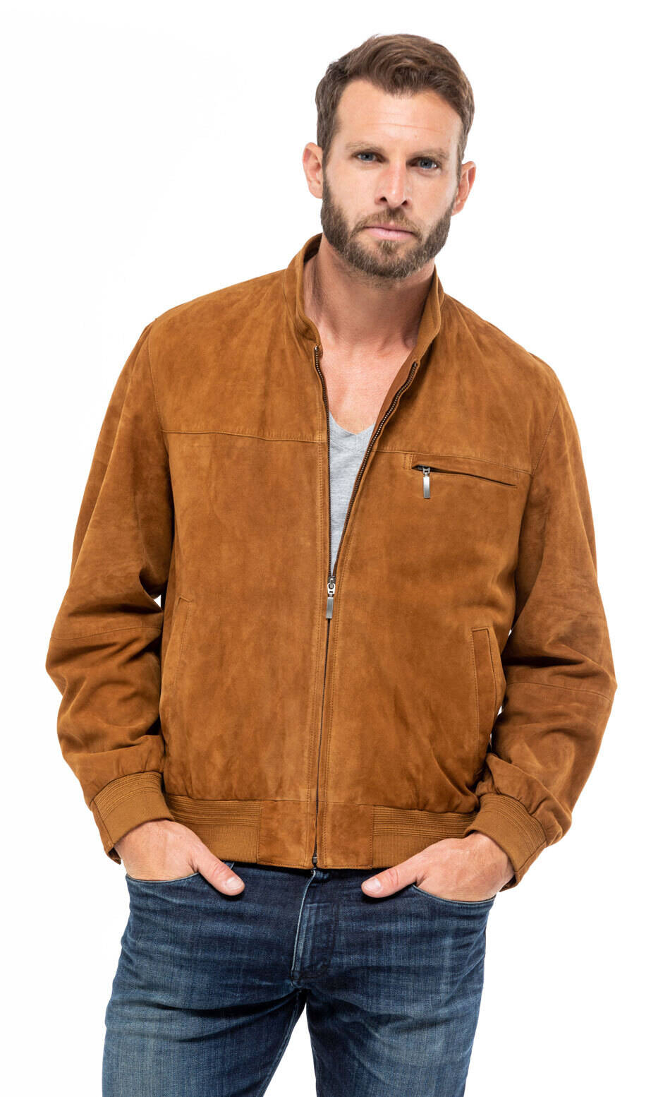 blouson cuir homme aspect daim velours jupp cognac mannequin (8)