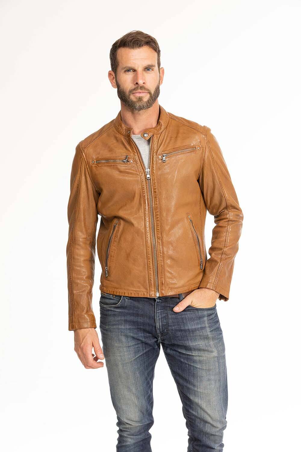 Chaqueta de cuero original para hombre con piel de cordero