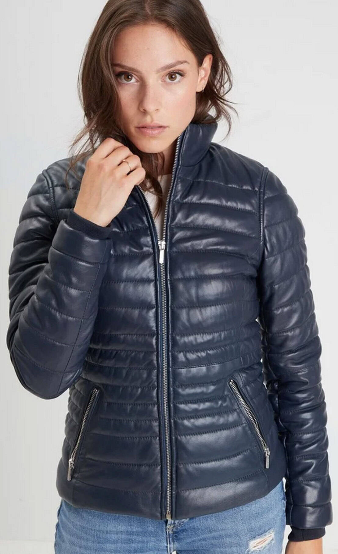 Chaqueta de plumas de cuero azul marino para mujer 102034