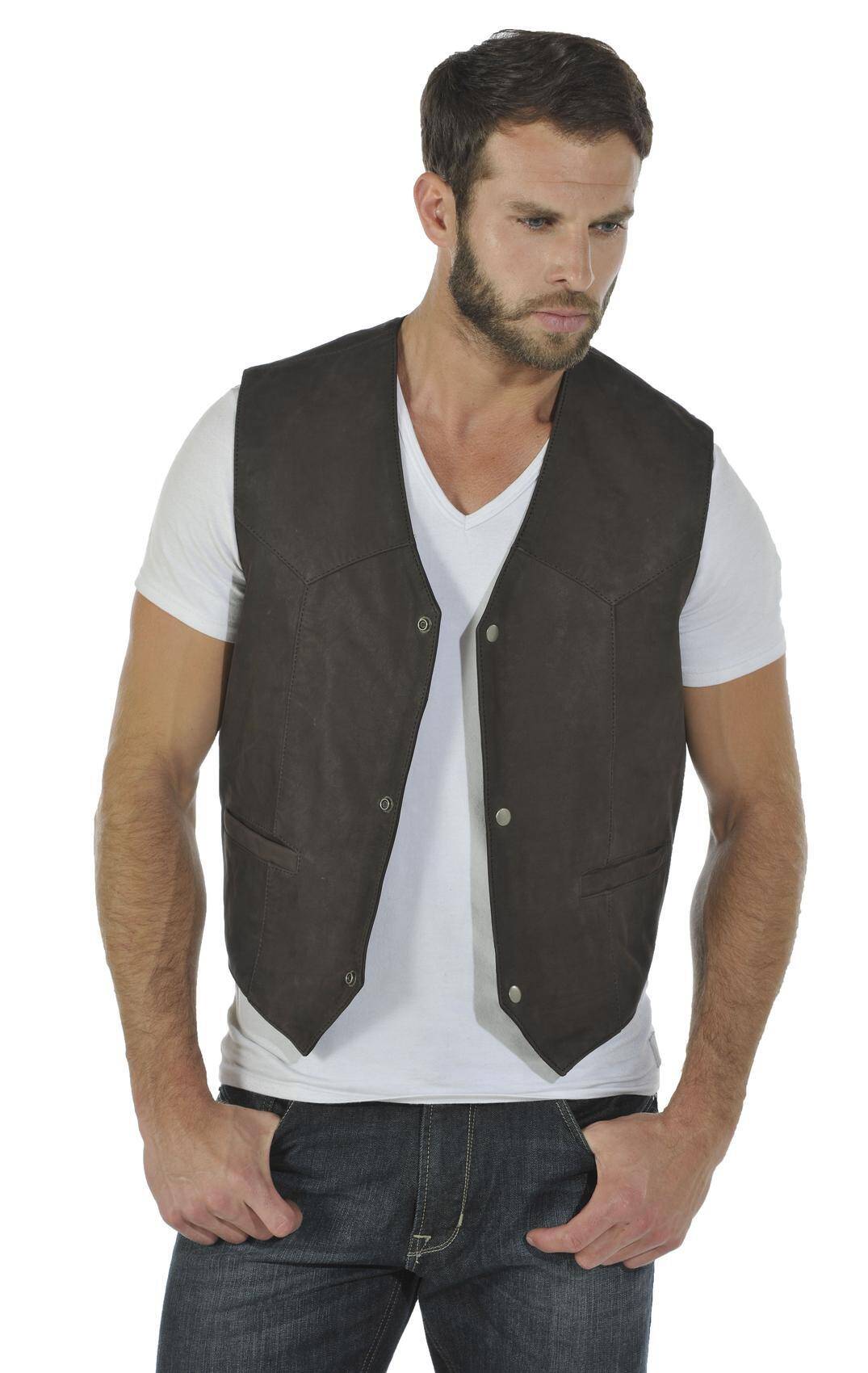 gilet sans manches en cuir pour homme marron aspect daim nubuck gilet timber face