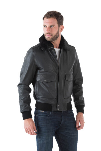 Blouson bi matiere homme schott LC 5331 X style pilote aviateur col fourrure porté