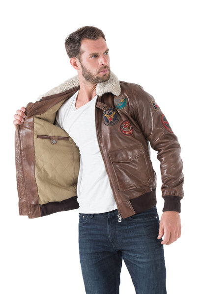 Blouson cuir homme marron MYTHIC 001577 esprit pilote aviateur col fourrure ecussons mode doublure