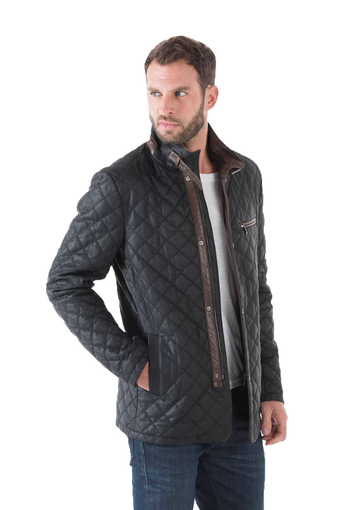Veste cuir homme E09 demi longeur moderne travaille surpiqures esprit blazer elegant face